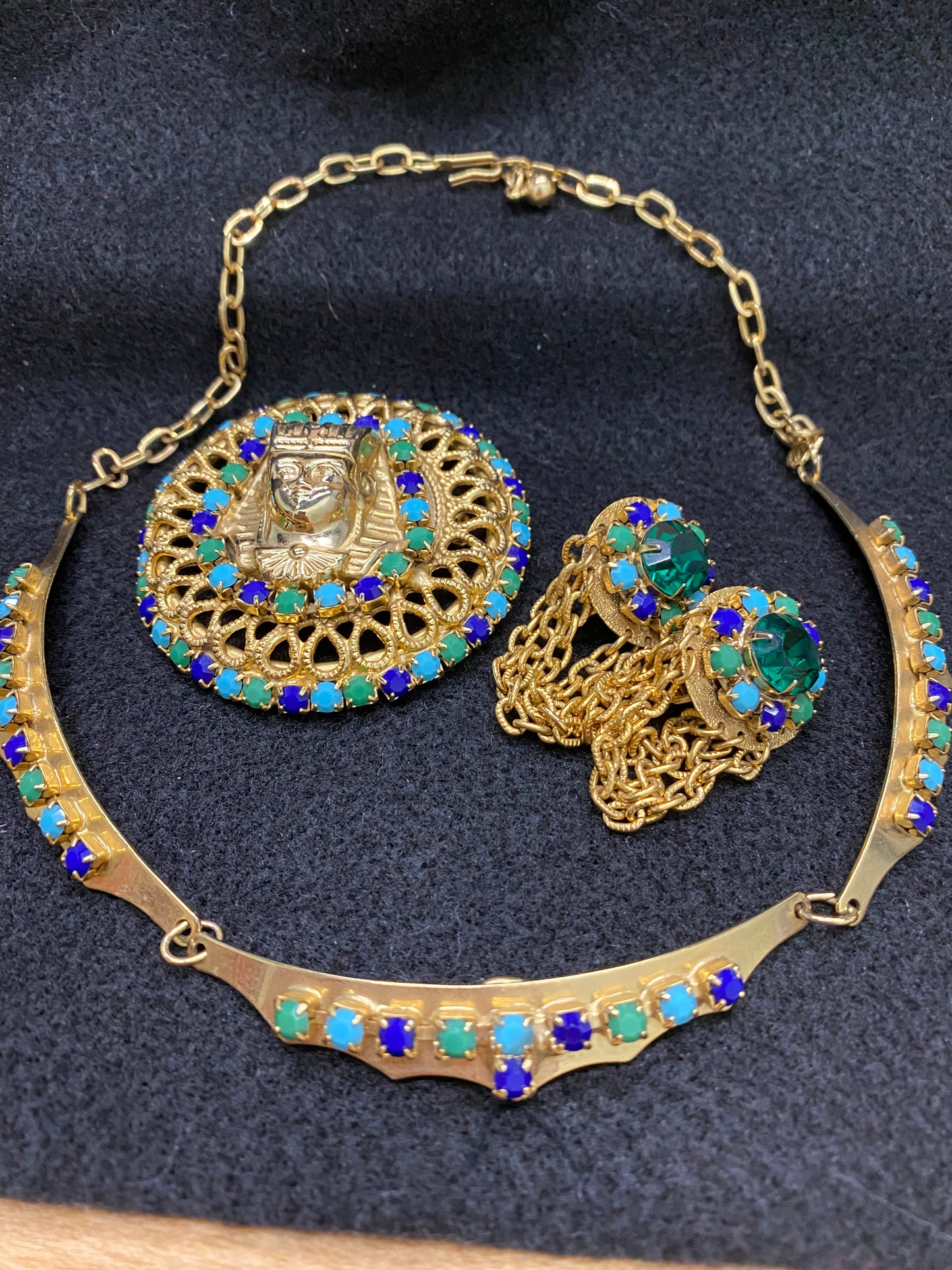 Vintage King Tut necklace, pin, & earrings
